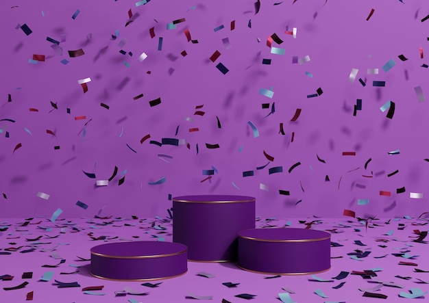 Purple 3d product display podiums colorful confetti celebration anniversary golden luxury