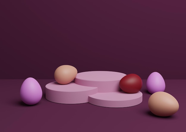Фиолетовый 3D-рендеринг пасхальной тематики, подиум, стенд, композиция, разноцветные яйца, минимальный