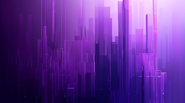 Purple 3D rendering of a futuristic cityscape with skyscrapers made of glass and light