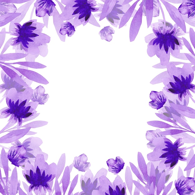 Purple abstract flowers and leaves frame border Hand drawn watercolor isolated on white background Can be used for cards invitation banner and other printed products