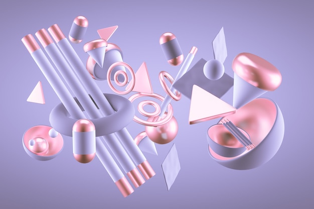 Purple abstract minimalism background with flying objects and shapes. 3d rendering.