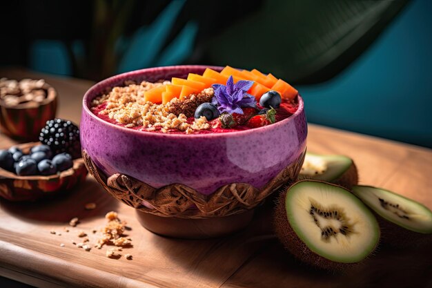 Purple acai bowl fresh fruit and granola generative IA