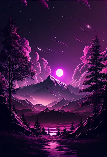 Purple aesthetic wallpaper, night landscape, forest, mountain,
moon