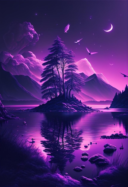 Purple aesthetic wallpaper, night landscape, forest, mountain,\
moon