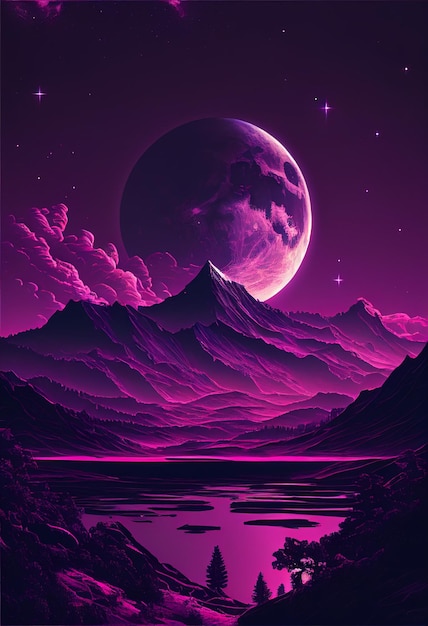 Purple aesthetic wallpaper, night landscape, forest, mountain,\
moon