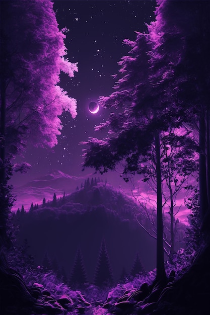 Purple aesthetic wallpaper, night landscape, forest, mountain,\
moon