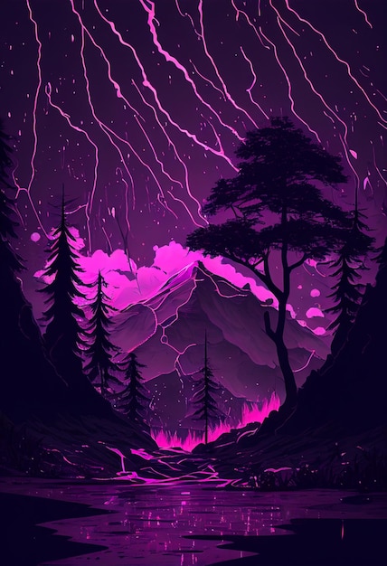 Purple aesthetic wallpaper, night landscape, forest, mountain,\
moon