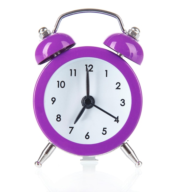 Purple alarm clock isolated on white