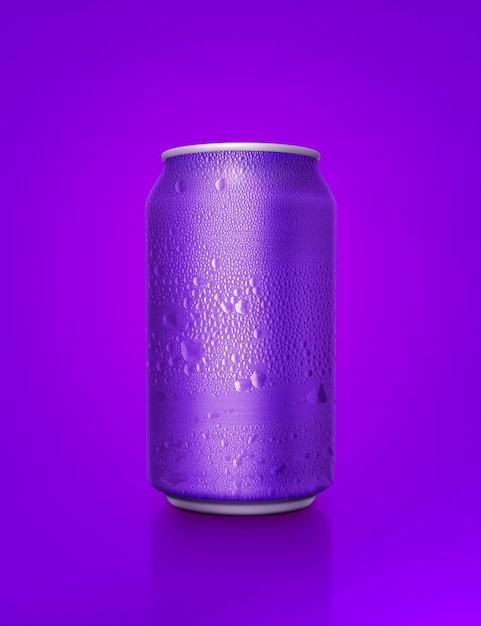 Purple aluminum cans with water droplets on a purple background