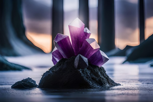 Photo a purple amethyst sits on a table with a sunset in the background.