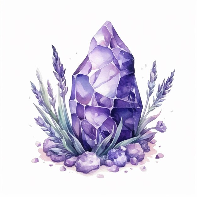 A purple amethyst stone with a purple center sits among grass.