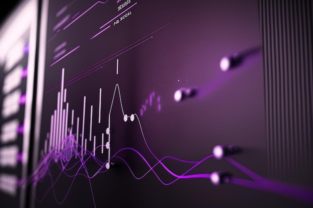 Purple analysis Digital analytics data visualization, financial schedule, monitor in perspective