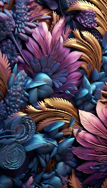 사진 보라색과 파란색의 꽃과 잎은 모양으로 배열되어 있습니다.