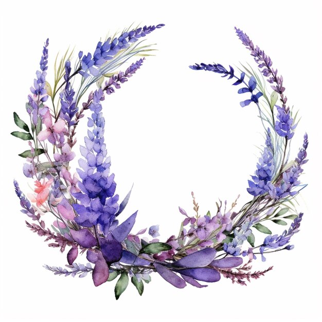 Фото Фиолетовые и синие цветы расположены в круге на белом фоне.