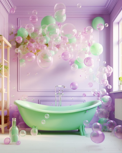 Фото Фиолетовая и зеленая ванная с ванной и большим количеством пузырьков генеративной ай