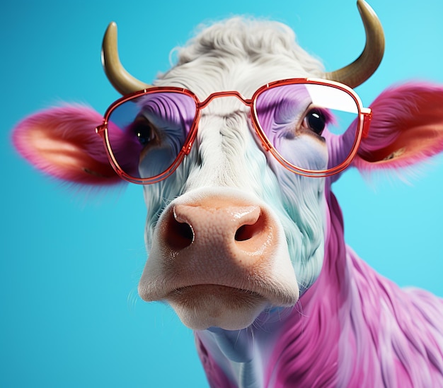 写真 青の背景に眼鏡をかけた紫と白の牛生成ai