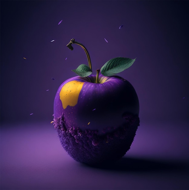 A purple apple with a yellow mark on it