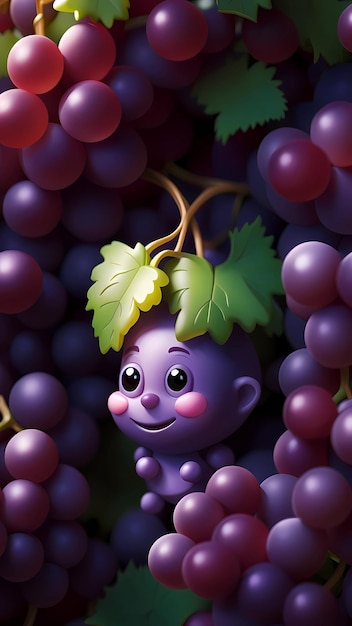 фиолетовая кукла с фиолетовым носом и гроздью винограда на нем.