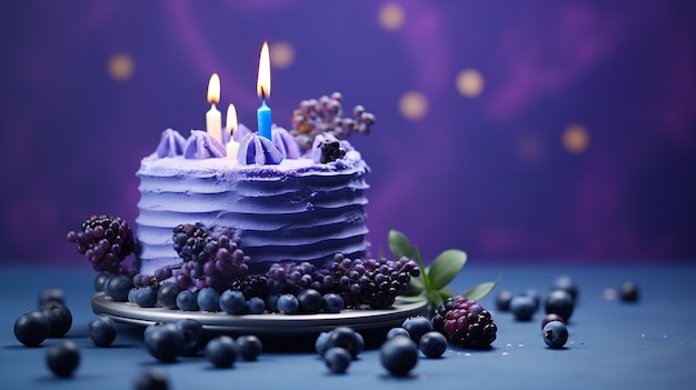 ブルーベリーとキャンドルをトッピングした紫色のバースデー ケーキを特徴とする紫色の背景 Generative AI