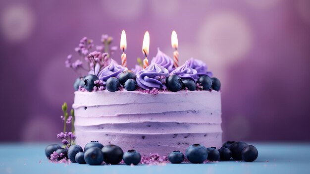 A purple backdrop featuring a purple birthday cake topped with blueberries and candles generative ai