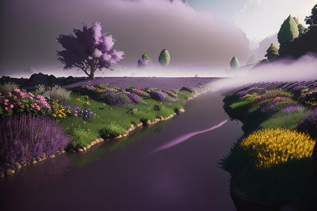 Purple background chinese watercolor landscape illustration mountain river grass anime wallpaper