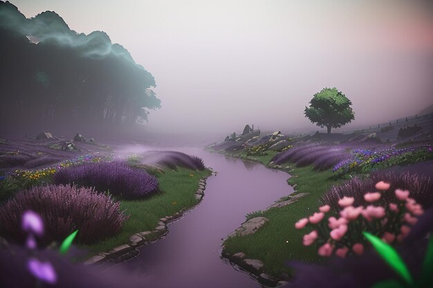 Purple background chinese watercolor landscape illustration mountain river grass anime wallpaper