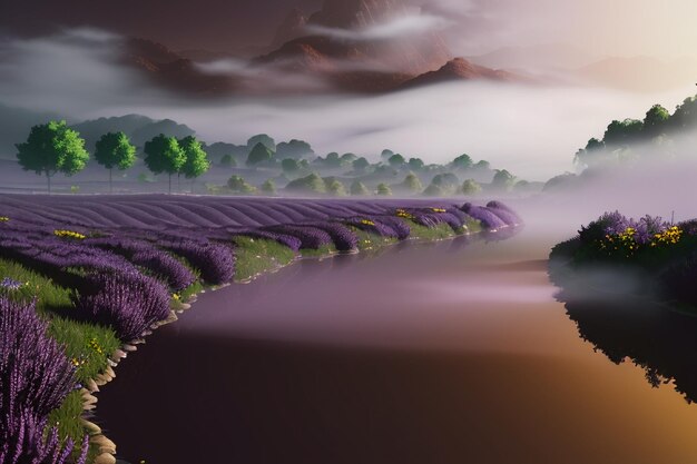 紫の背景 中国の水彩風景イラスト 山の川の草 アニメの壁紙