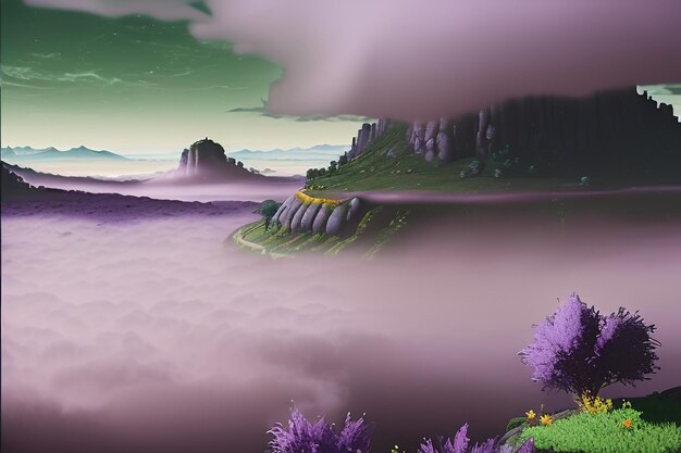 Purple background chinese watercolor landscape illustration mountain river grass anime wallpaper