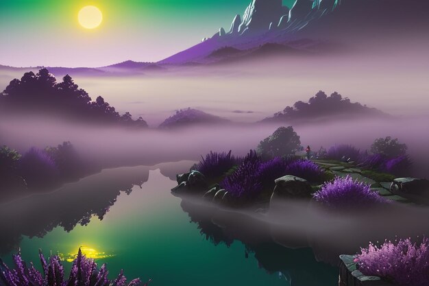 Purple background chinese watercolor landscape illustration mountain river grass anime wallpaper