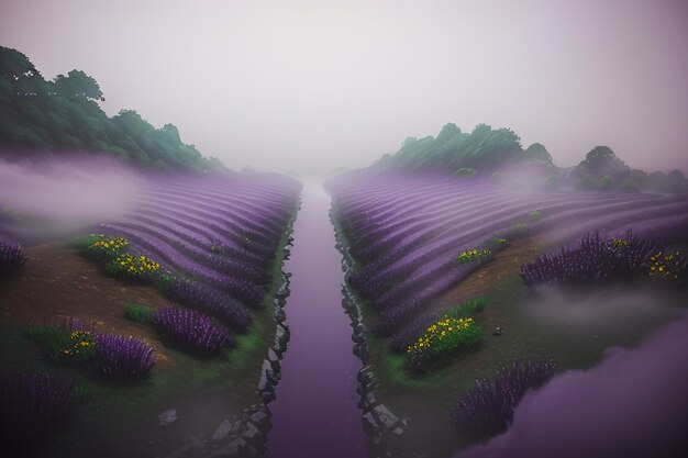 紫の背景 中国の水彩風景イラスト 山の川の草 アニメの壁紙
