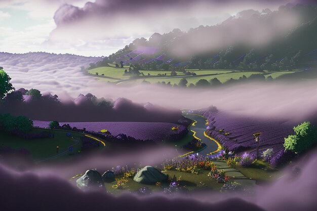 Purple background chinese watercolor landscape illustration mountain river grass anime wallpaper