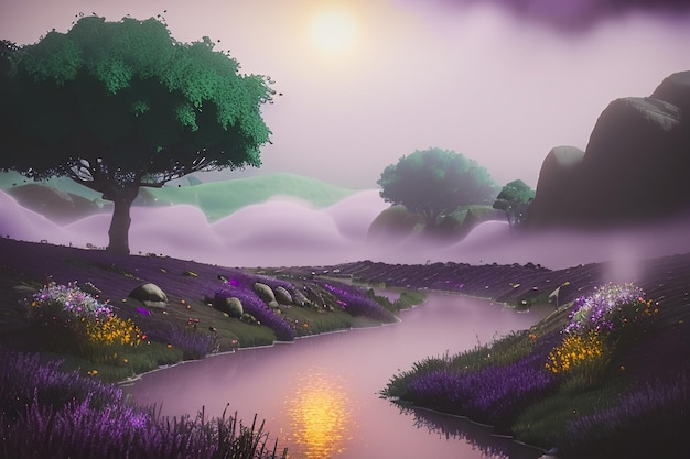 Purple background Chinese watercolor landscape illustration mountain river grass anime wallpaper