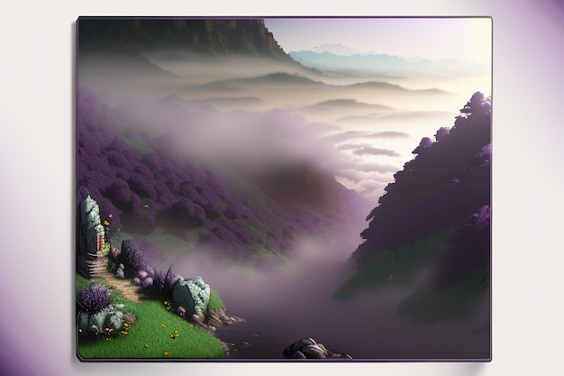 Purple background Chinese watercolor landscape illustration mountain river grass anime wallpaper