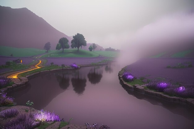 Purple background chinese watercolor landscape illustration mountain river grass anime wallpaper