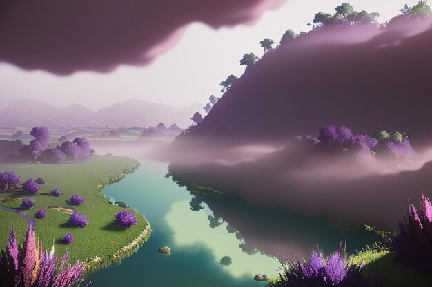 Purple background chinese watercolor landscape illustration mountain river grass anime wallpaper