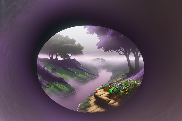 Purple background chinese watercolor landscape illustration mountain river grass anime wallpaper