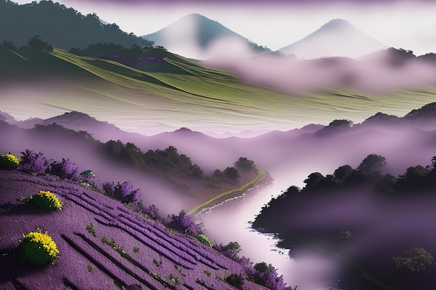 Purple background Chinese watercolor landscape illustration mountain river grass anime wallpaper