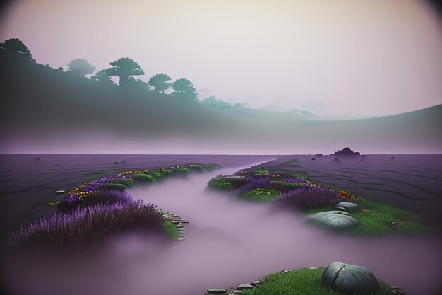 Purple background chinese watercolor landscape illustration mountain river grass anime wallpaper