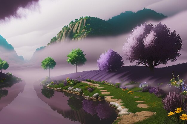 Purple background chinese watercolor landscape illustration mountain river grass anime wallpaper
