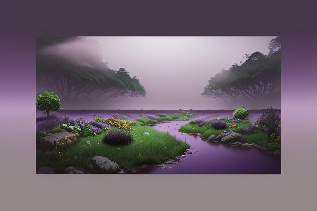 Purple background Chinese watercolor landscape illustration mountain river grass anime wallpaper