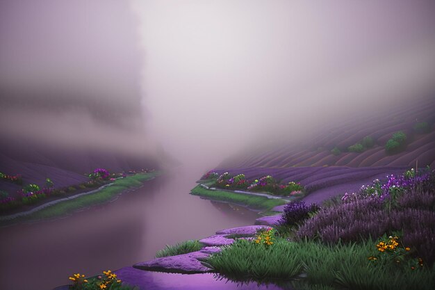 Purple background chinese watercolor landscape illustration mountain river grass anime wallpaper