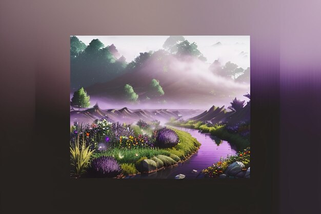 Purple background chinese watercolor landscape illustration mountain river grass anime wallpaper