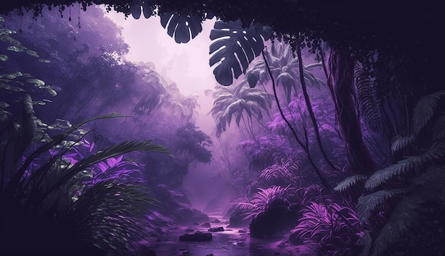 Purple background fantasy rain forest image Ai generated art