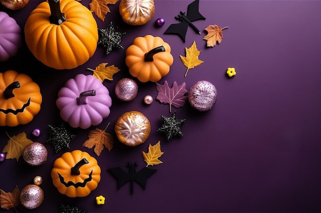 purple background halloween design jack o lantern and bats frame