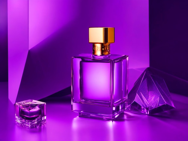 Purple background product shooting luxury crystal case perfume with no brand text or brand banner