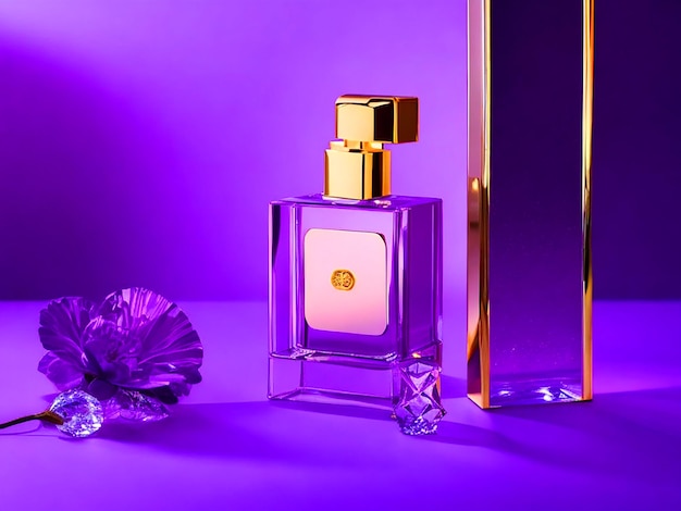 Purple background product shooting luxury crystal case perfume with no brand text or brand banner