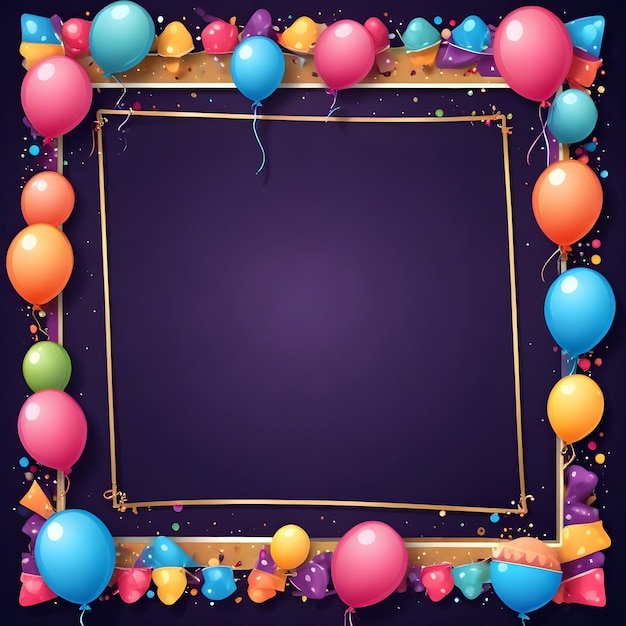 Foto uno sfondo viola con palloncini e una cornice con una torta di compleanno