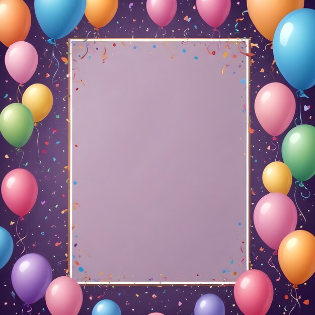 a purple background with balloons and a frame with confetti and ribbons