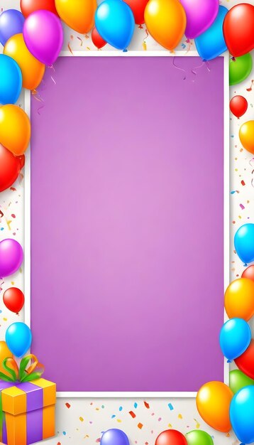 Foto a purple background with balloons and a frame with the words happy birthday on it