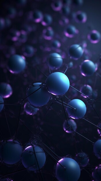 A purple background with blue spheres and the word atom